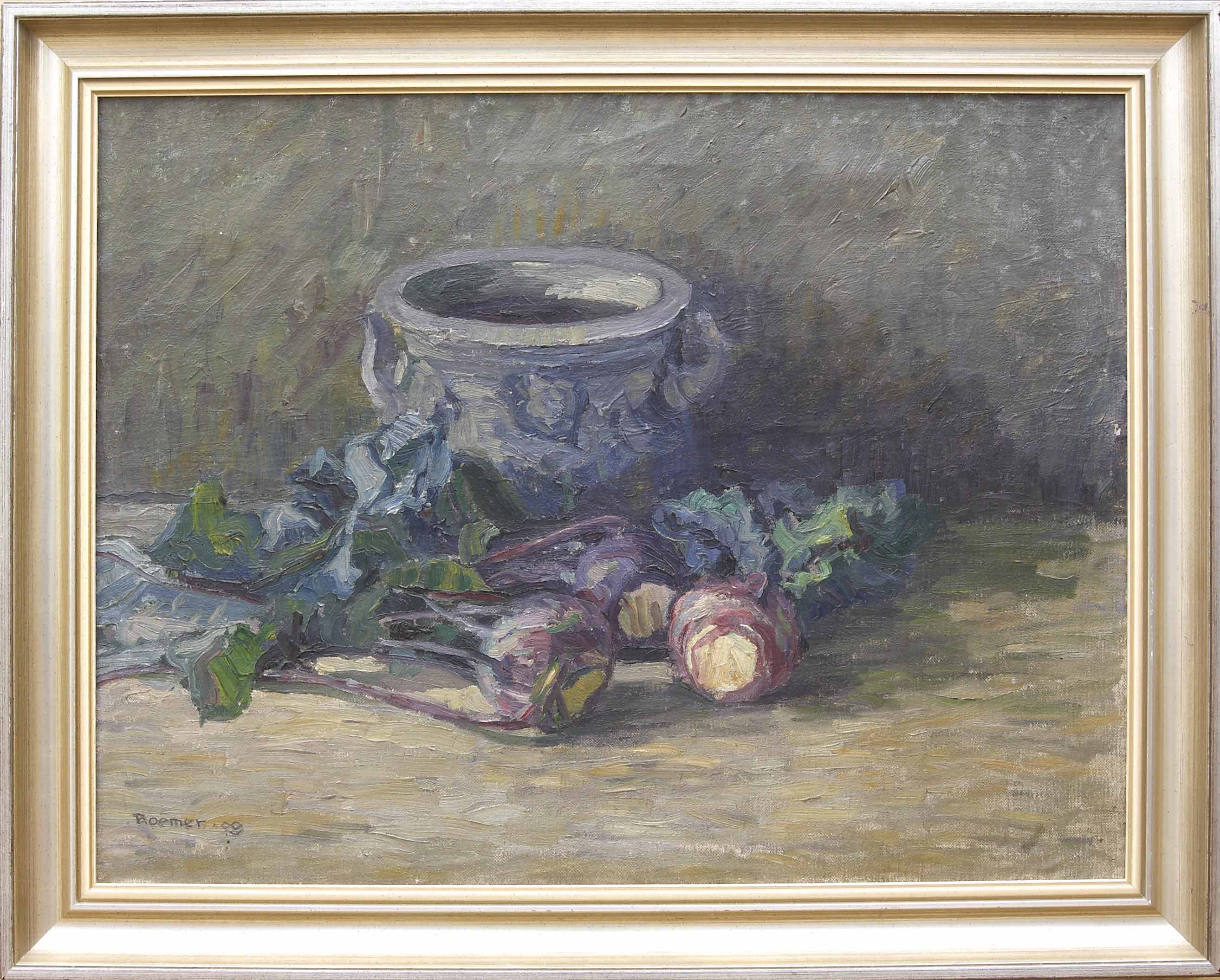 Auktionshaus Quentin Berlin  Gemälde Roemer (Maler um 1900) / Stillleben mit Kohlrabis und TongefÃ¤Ã. (19)09. Ãl auf Leinwand. 49 3 x 64 6 cm. Links unten signiert und datiert. Ge