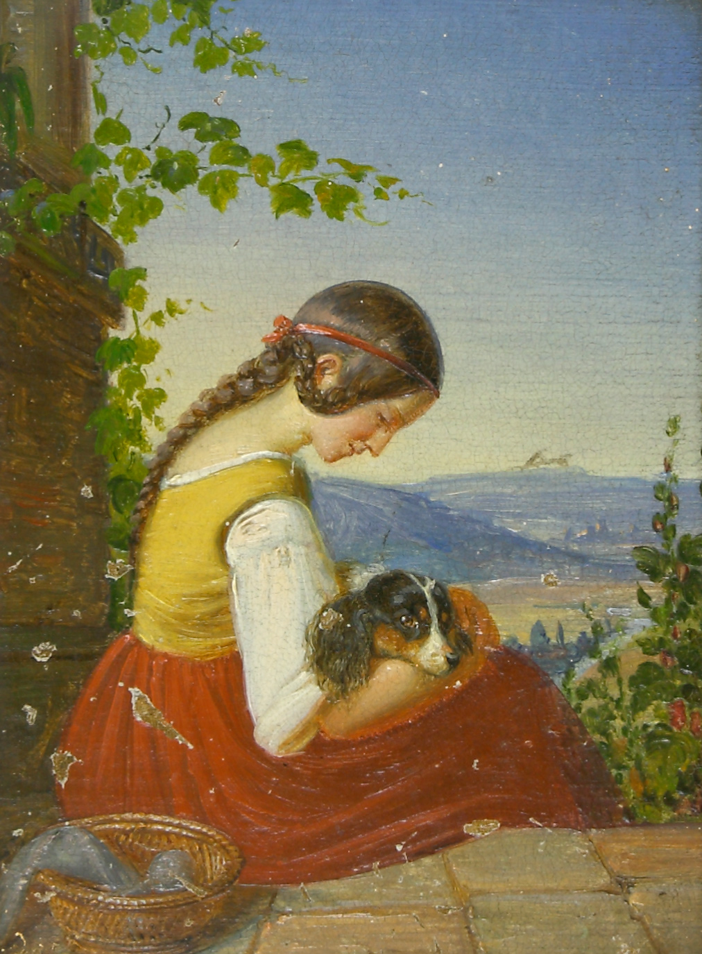 Auktionshaus Quentin Berlin Maler des 19. Jh.  Sitzendes MÃ¤dchen in rotem Rock mit geschecktem Hund im Arm