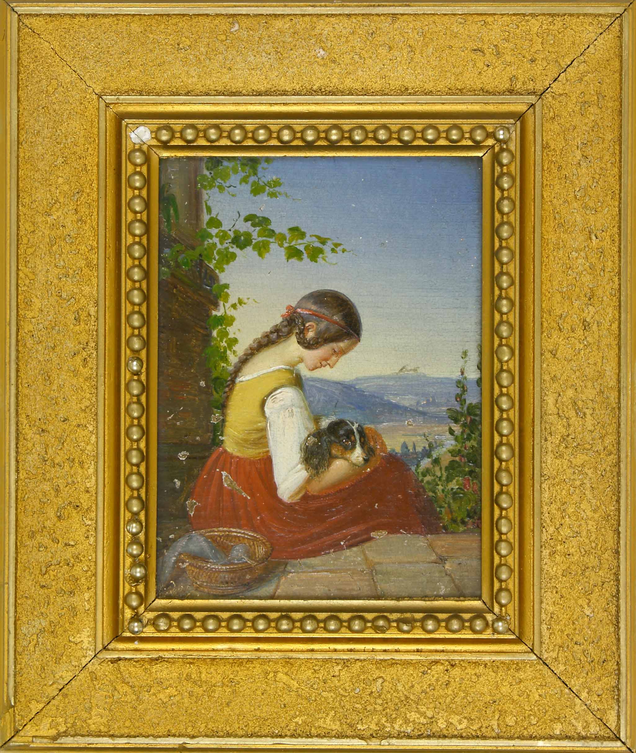 Auktionshaus Quentin Berlin  Gemälde Maler des 19. Jh.  Sitzendes MÃ¤dchen in rotem Rock mit geschecktem Hund im Arm
