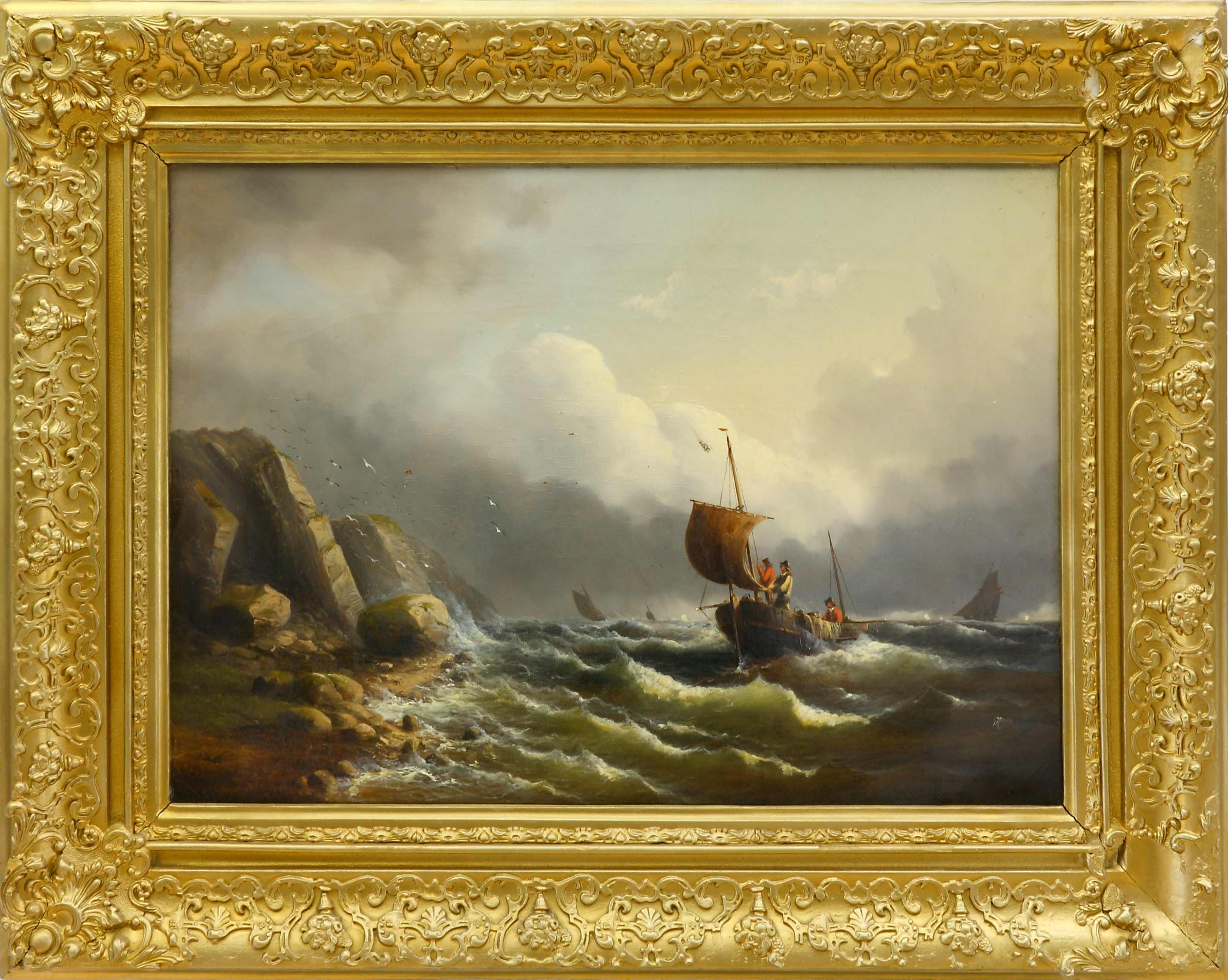 Auktionshaus Quentin Berlin  Gemälde Marinemaler des 19. Jh.  Fischersegelboot mit drei Personen dicht vor steiler KÃ¼ste