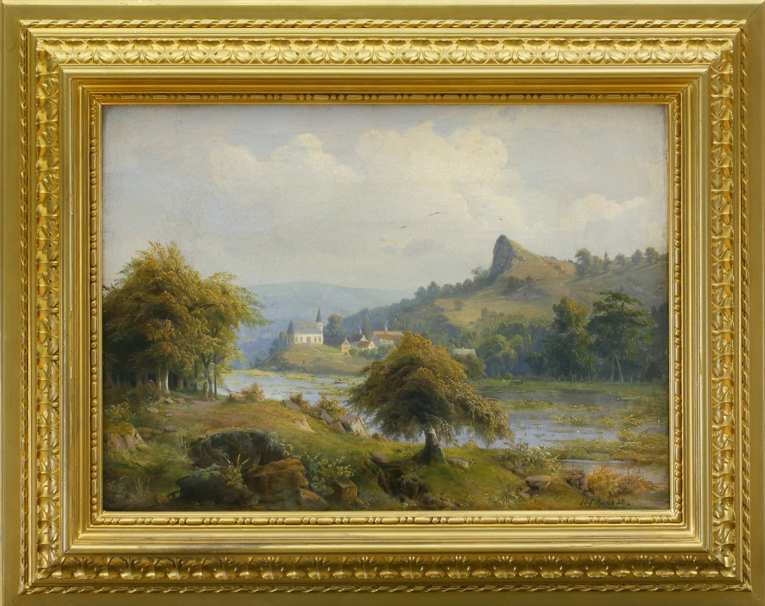Auktionshaus Quentin Berlin  Gemälde Hilgers  Carl  Flusslandschaft mit Berg  BÃ¤umen und Kirche. (18)38