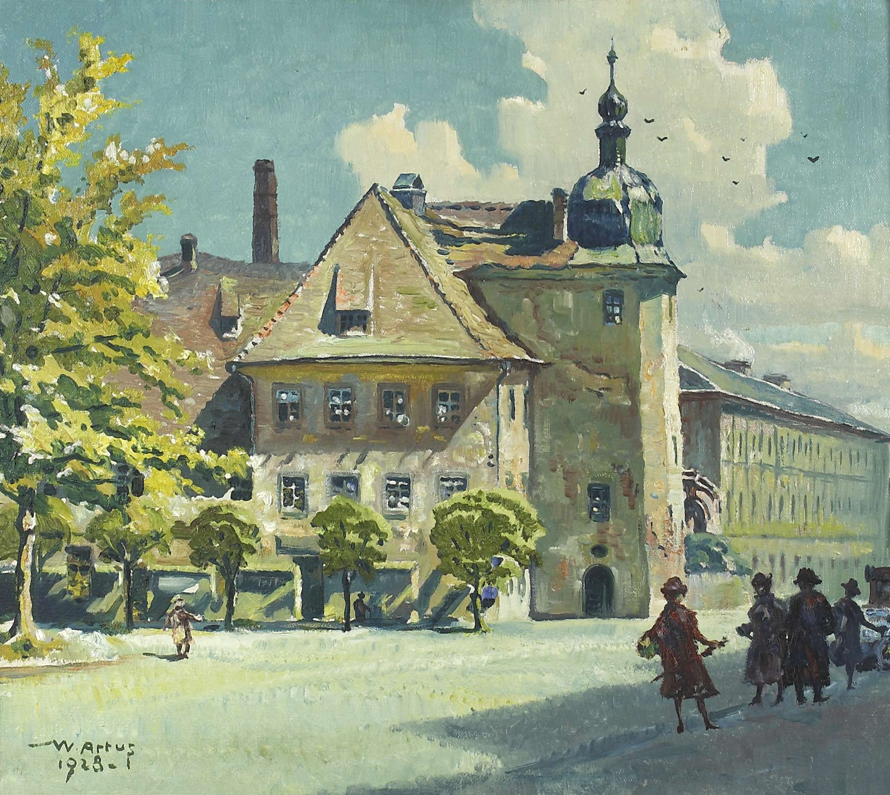 Auktionshaus Quentin Berlin Artus  Walter (1873 Grimma/Sa. - 1945 ebd.) Stadtarchitektur mit Personenstaffage. Ãl auf Leinwand. 40 x 50 cm. Links unten signiert und datiert 19