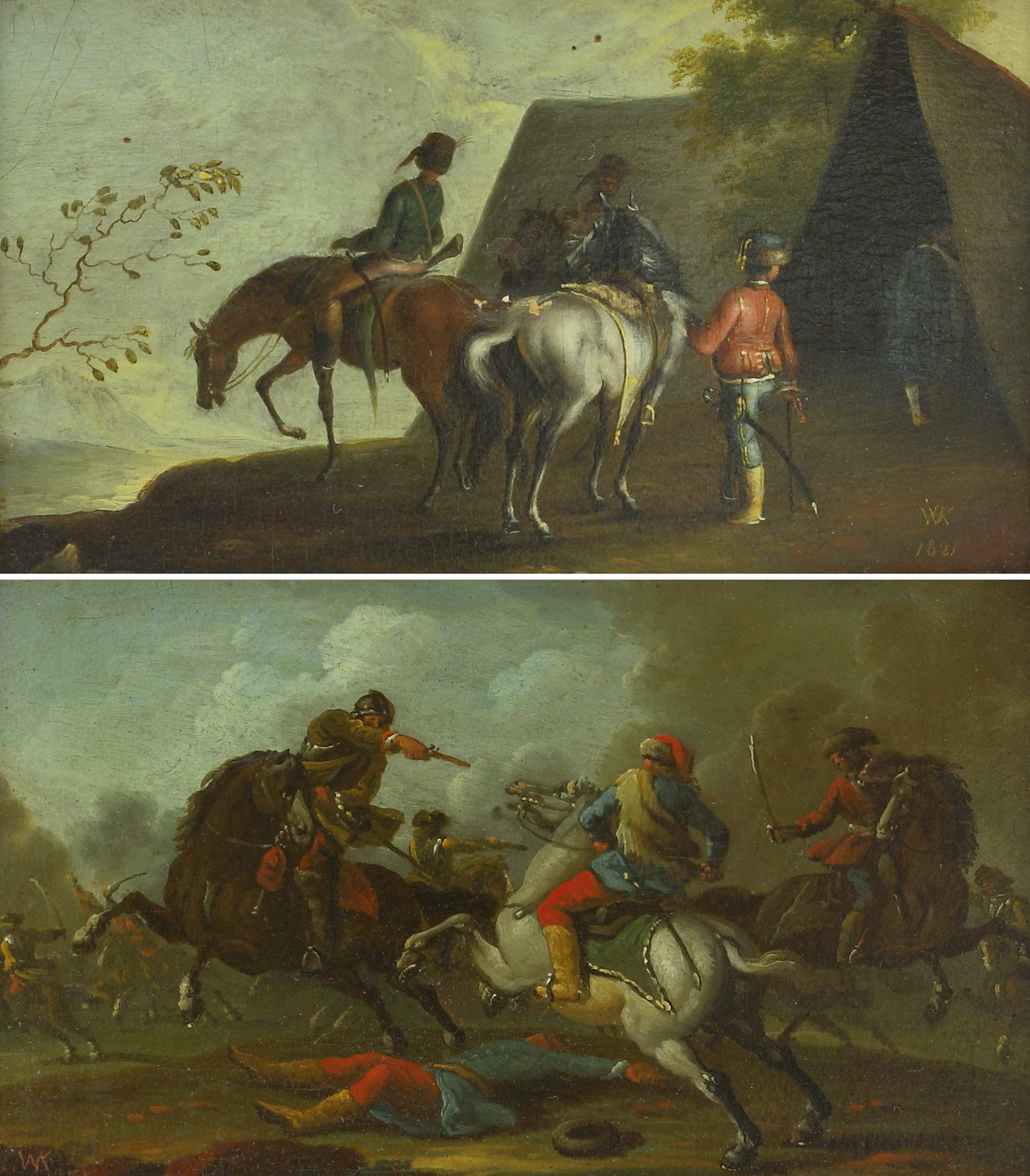 Auktionshaus Quentin Berlin Kobell  Wilhelm von (1766 Mannheim - 1855 MÃ¼nchen) zugeschr. Schlachtenszene; Reitergruppe vor einem Zelt. 1821. GegenstÃ¼cke. Ãl auf Papier a