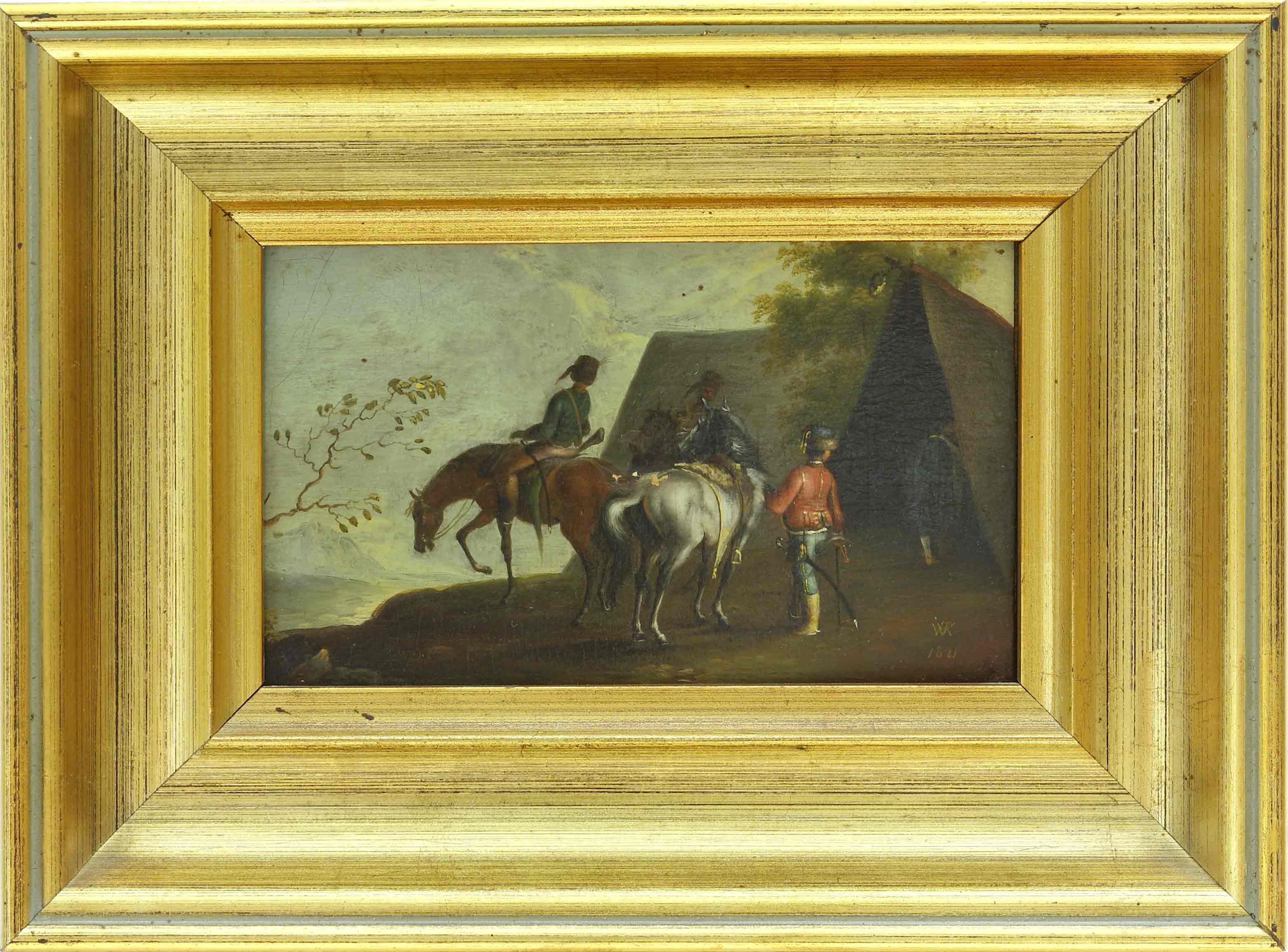 Auktionshaus Quentin Berlin  Gemälde Kobell  Wilhelm von (1766 Mannheim - 1855 MÃ¼nchen) zugeschr. Schlachtenszene.  Reitergruppe vor einem Zelt. 1821. GegenstÃ¼cke. Ãl auf Papier 