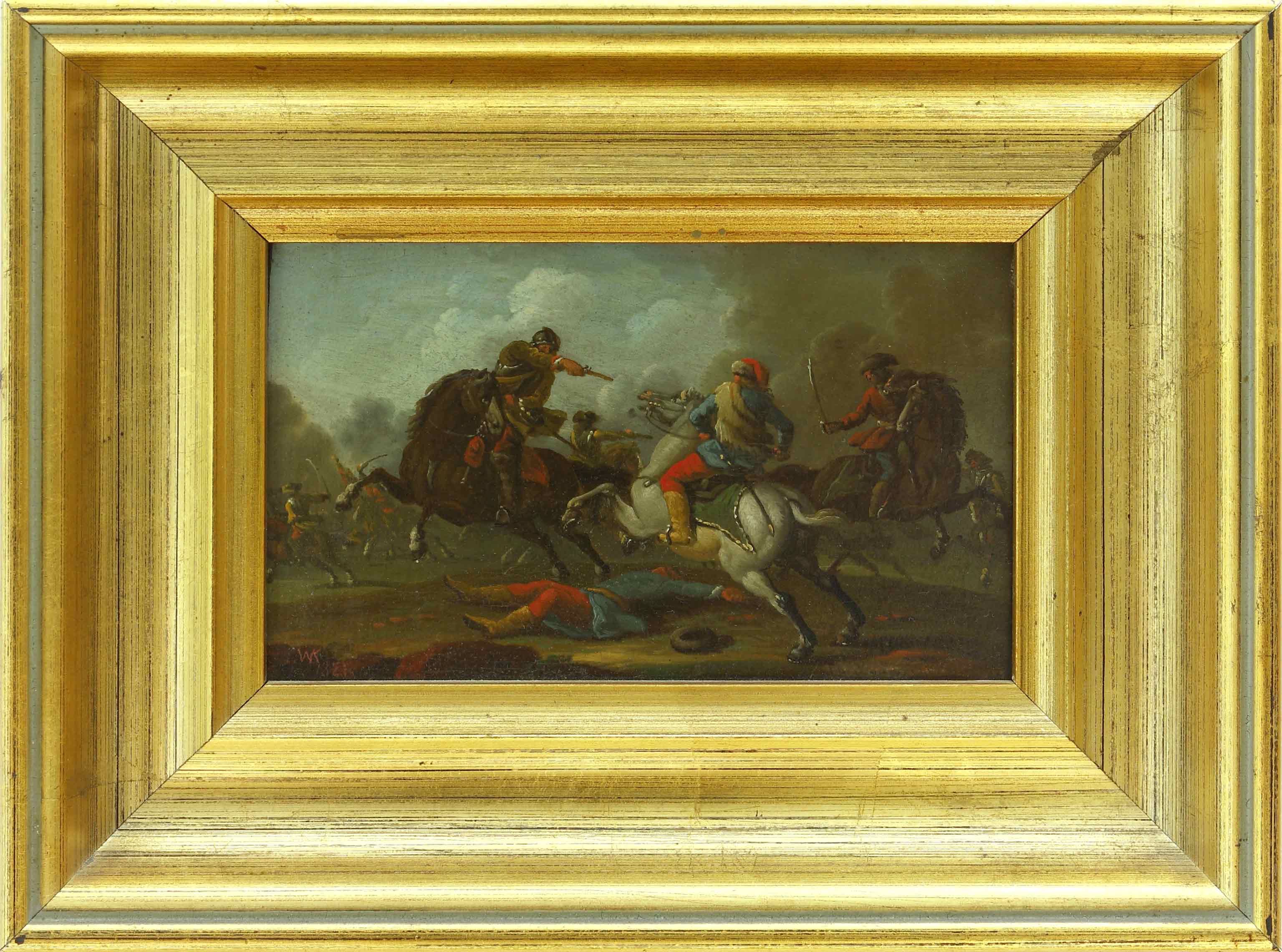 Auktionshaus Quentin Berlin  Gemälde Kobell  Wilhelm von (1766 Mannheim - 1855 MÃ¼nchen) zugeschr. Schlachtenszene.  Reitergruppe vor einem Zelt. 1821. GegenstÃ¼cke. Ãl auf Papier 