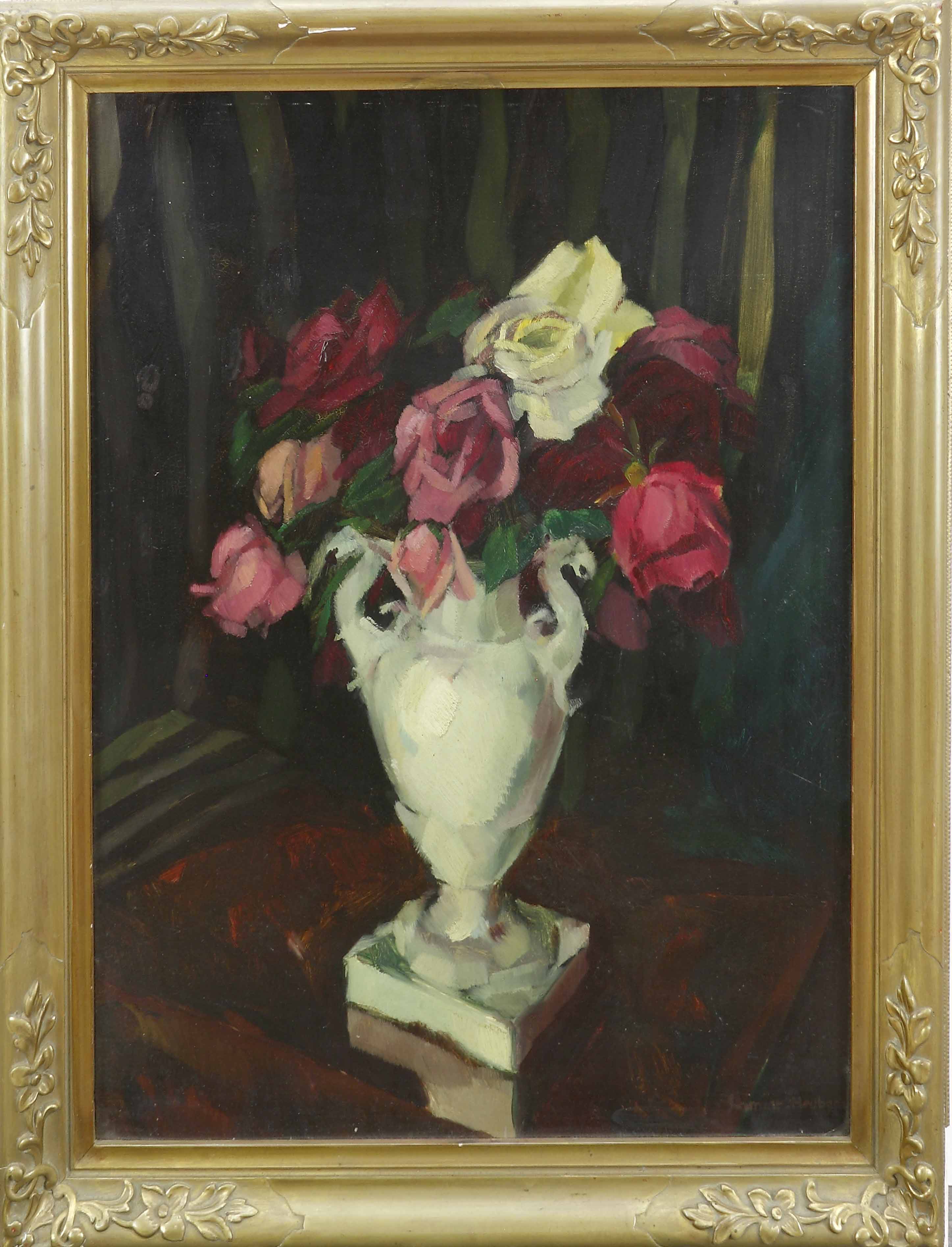 Auktionshaus Quentin Berlin  Gemälde Schmidt-Heubach  Willy (1887 WÃ¼rzburg  ansÃ¤ssig in Berlin) / Rosen in einer Berliner Vase. Ãl auf Malkarton. 55 x 42 cm. Rechts unten signier