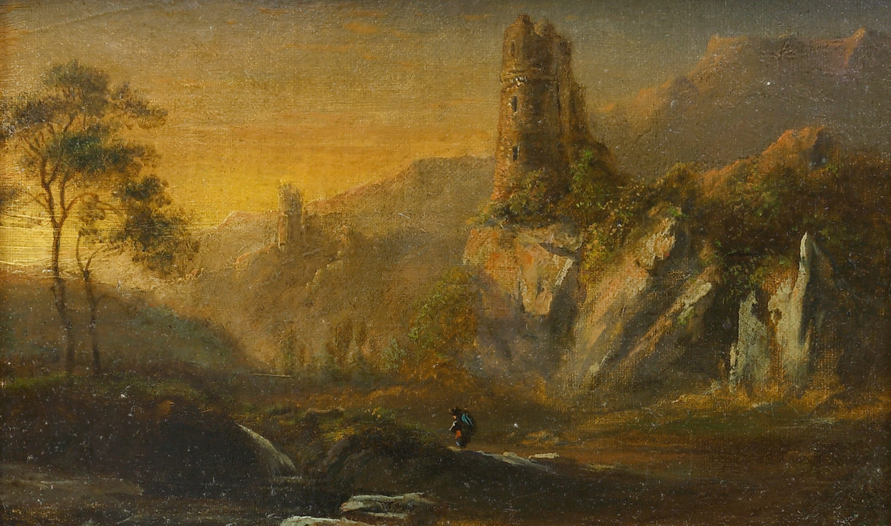 Auktionshaus Quentin Berlin Grund  Norbert Joseph Carl (1717 Prag - 1767 ebd.) Nachfolge Landschaft mit Ruinen und Wanderer. Ãl auf Malkarton. 14 3 x 21 1 cm. Gerahmt.