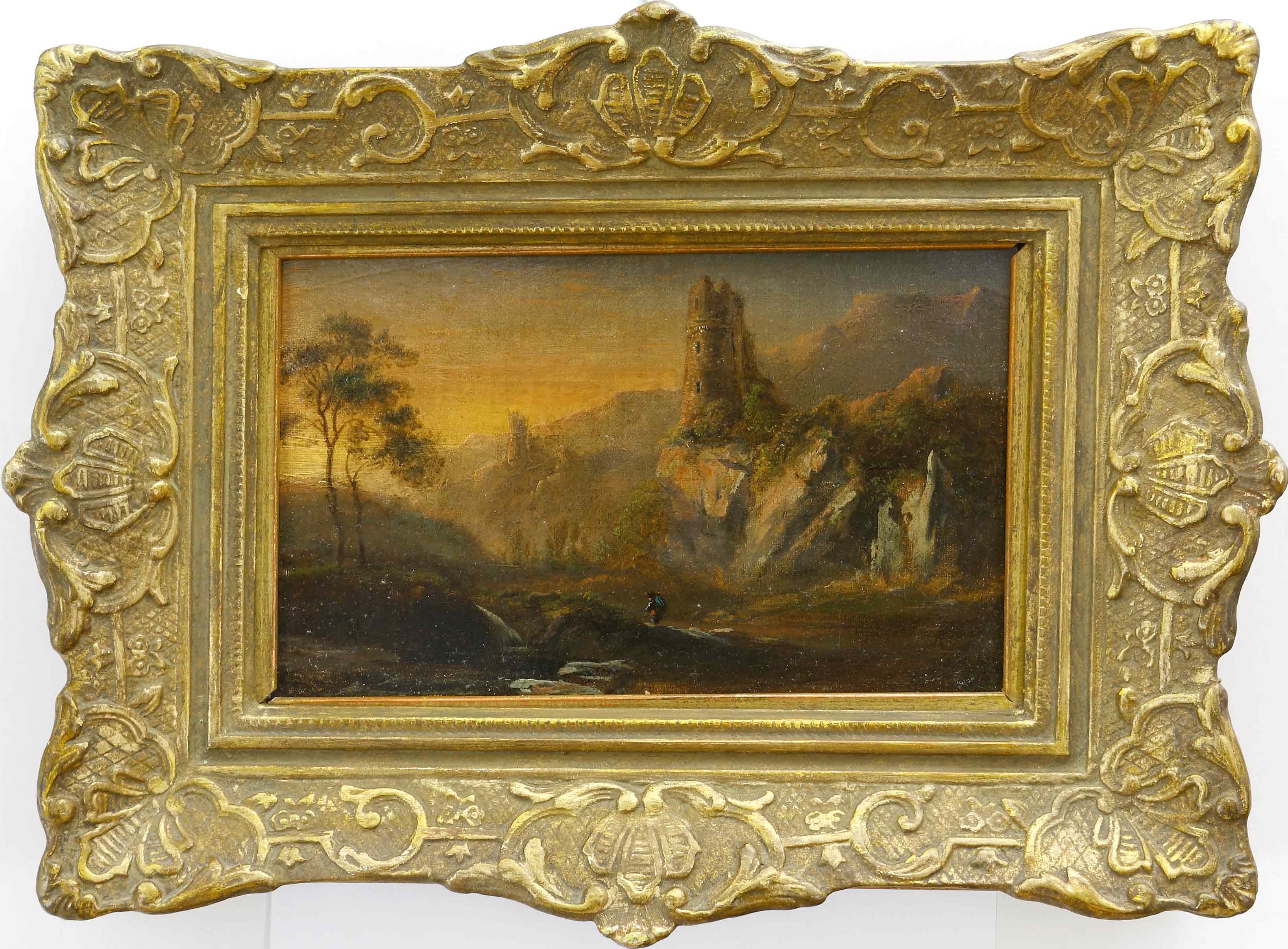 Auktionshaus Quentin Berlin  Gemälde Grund  Norbert Joseph Carl (1717 Prag - 1767 ebd.) Nachfolge Landschaft mit Ruinen und Wanderer. Ãl auf Malkarton. 14 3 x 21 1 cm. Gerahmt.