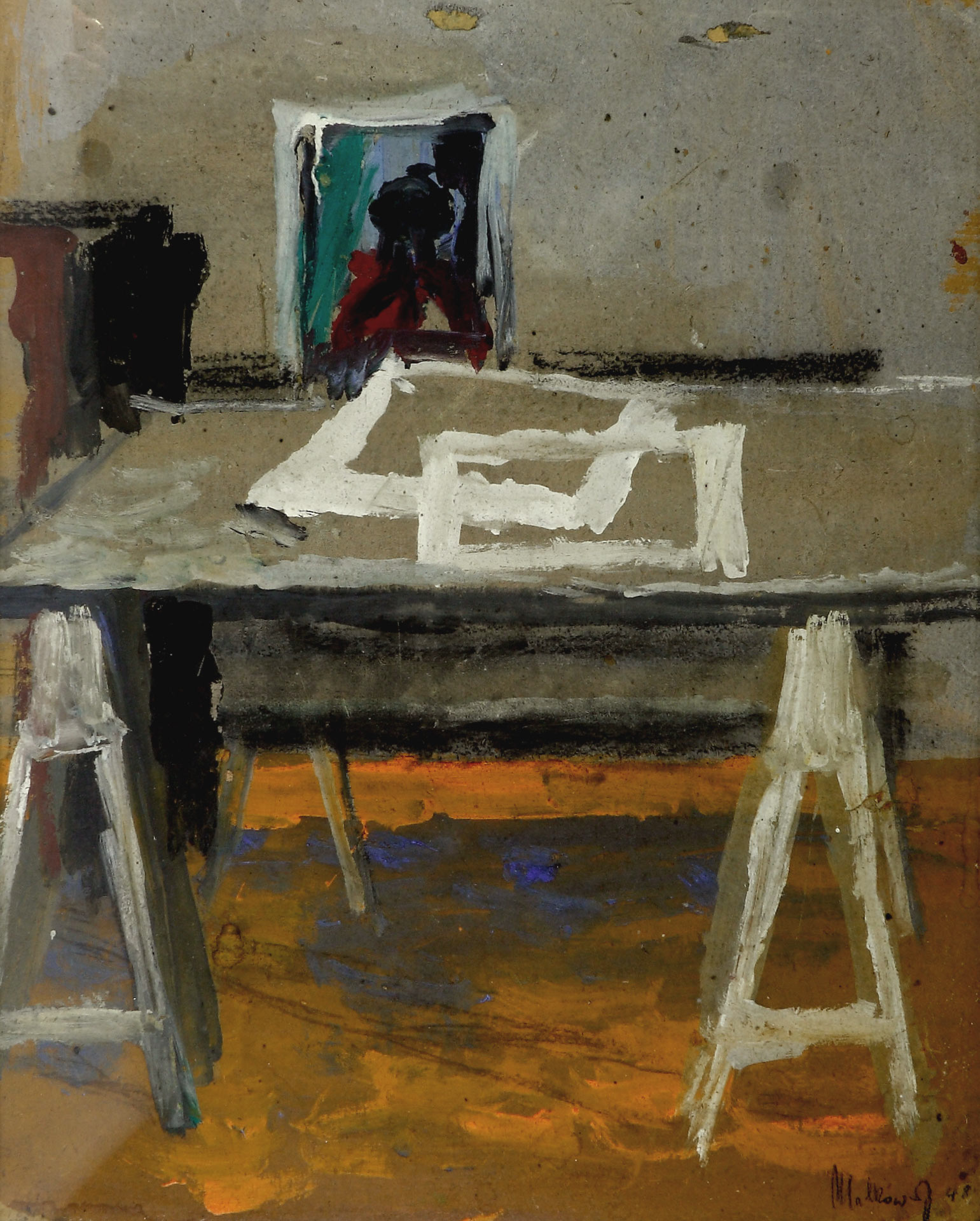 Auktionshaus Quentin Berlin  Gemälde Malkowsky  Heiner (1920 Rosenberg/Schlesien â 1989 Hannover) Im Atelier. 1948. Gouache auf Malkarton. 60 x 48 cm. Rechts unten signiert und datie