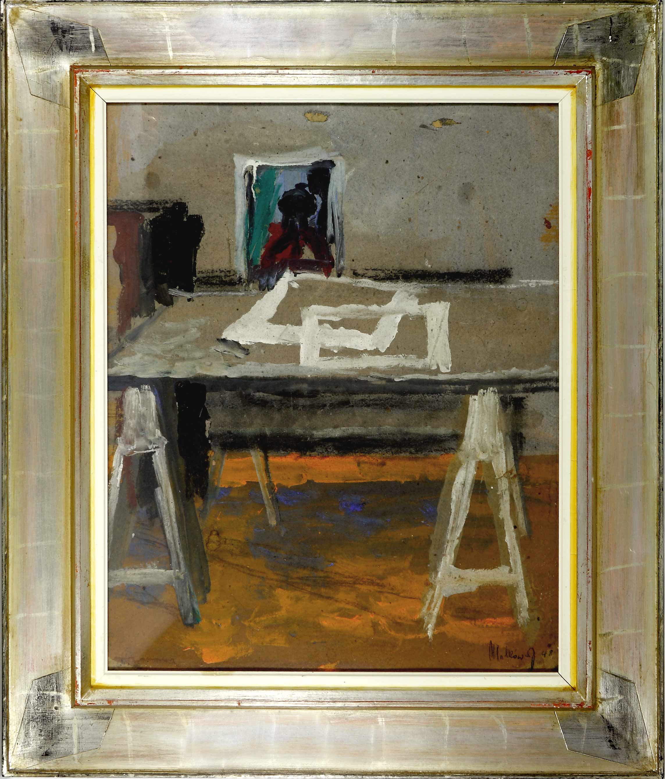 Auktionshaus Quentin Berlin  Gemälde Malkowsky  Heiner (1920 Rosenberg/Schlesien â 1989 Hannover) Im Atelier. 1948. Gouache auf Malkarton. 60 x 48 cm. Rechts unten signiert und datie