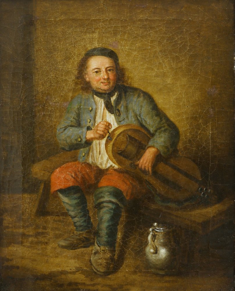Auktionshaus Quentin Berlin  Gemälde Seekatz  Philipp Christian (1750 Worms - 1822 Ginsheim) zugeschr.  / Sitzender Musiker mit Instrument und Krug. Öl auf Leinwand. 28 8 x 23 cm. Gerahm