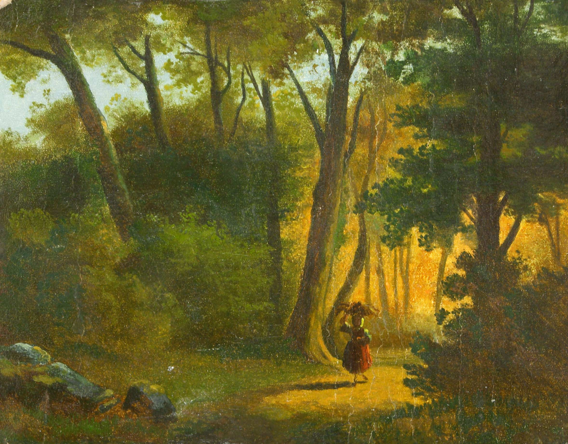 Auktionshaus Quentin Berlin  Gemälde Landschaftsmaler des 19. Jh. Waldinneres bei untergehender Sonne. Öl auf Papier  mit Holz hinterlegt. 19 5 x 24 5 cm. Rückseitig auf Klebeetikett mi