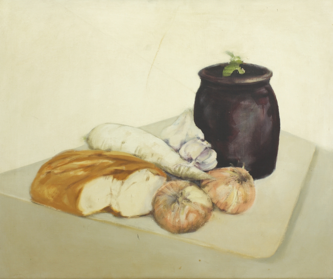 Auktionshaus Quentin Berlin Neuhaus  RenÃ©e  KÃ¼chenstillleben mit Zwiebeln  Knoblauch  Rettich und Brot. 1971.