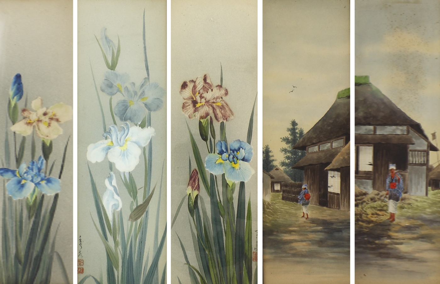 Auktionshaus Quentin Berlin  Möbel / Einrichtungsgegenstände Japan  Zeichnungen  Meji  3 + 2 StÃ¼ck  Irisdekor