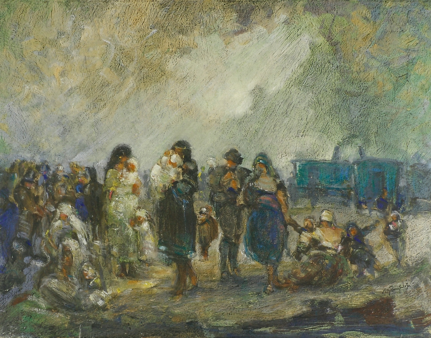 Auktionshaus Quentin Berlin  Gemälde Bohnefeldt  Walter  Personengruppe mit zahlreichen Kindern im Freien. 1920er Jahre
