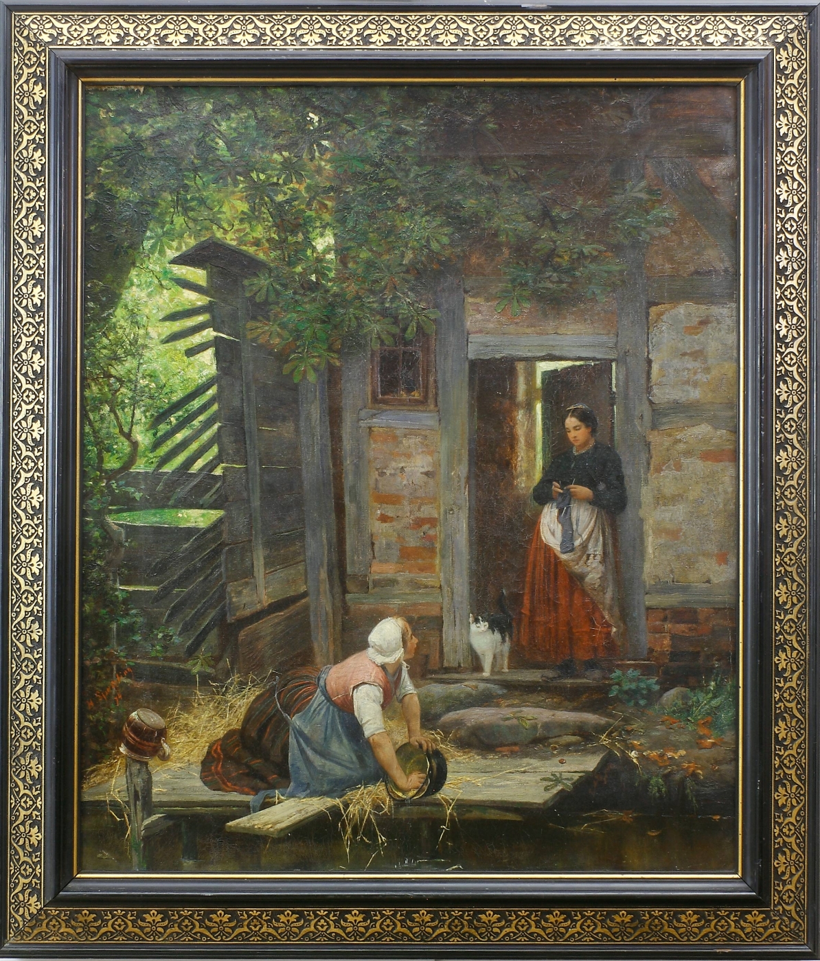 Auktionshaus Quentin Berlin  Gemälde Sperling  Heinrich  Zwei Frauen und Katze bei einem alten Haus. (18)74