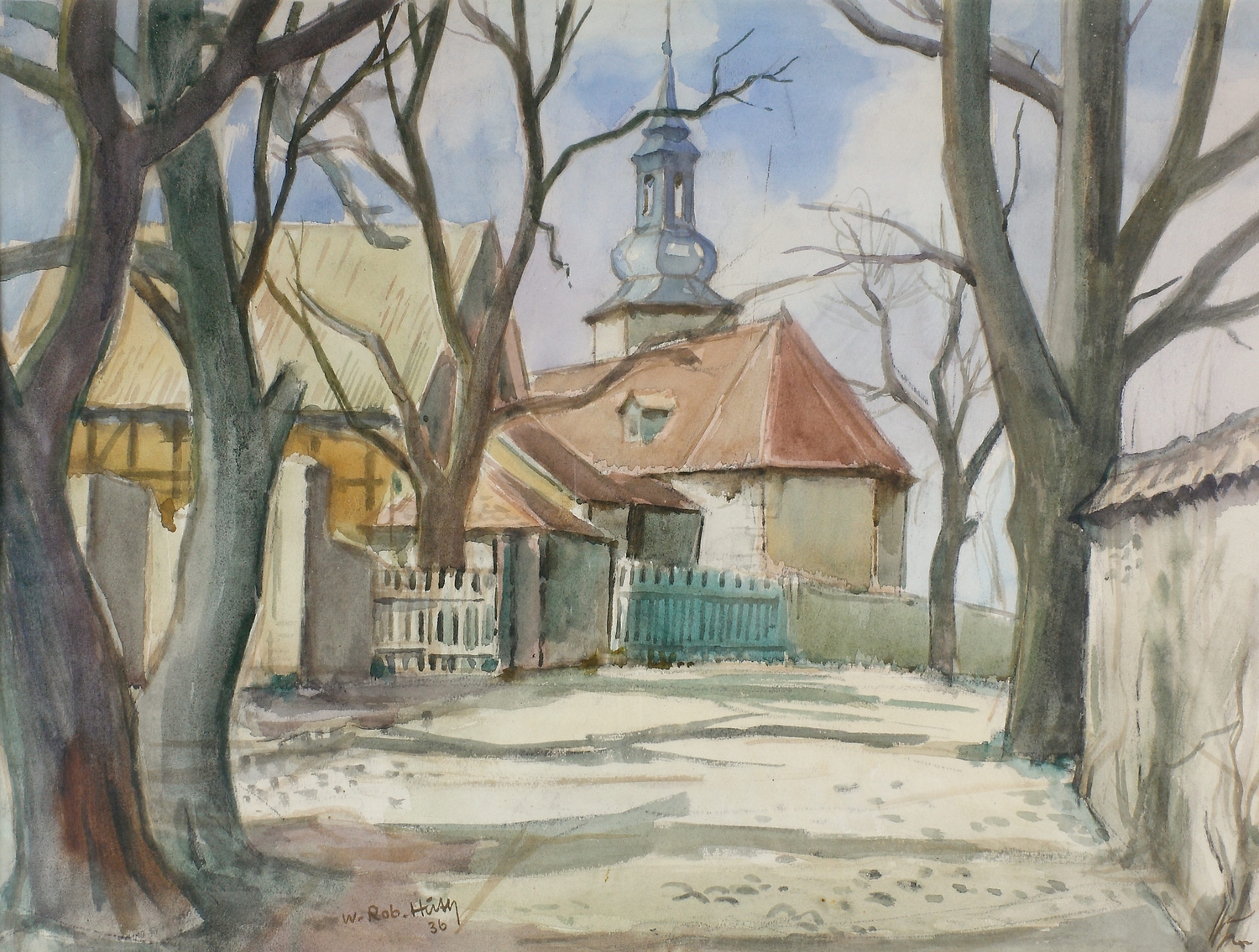 Auktionshaus Quentin Berlin  Zeichnungen Huth  Willy Robert  DÃ¶rfliche Ansicht mit Kirche. 1936
