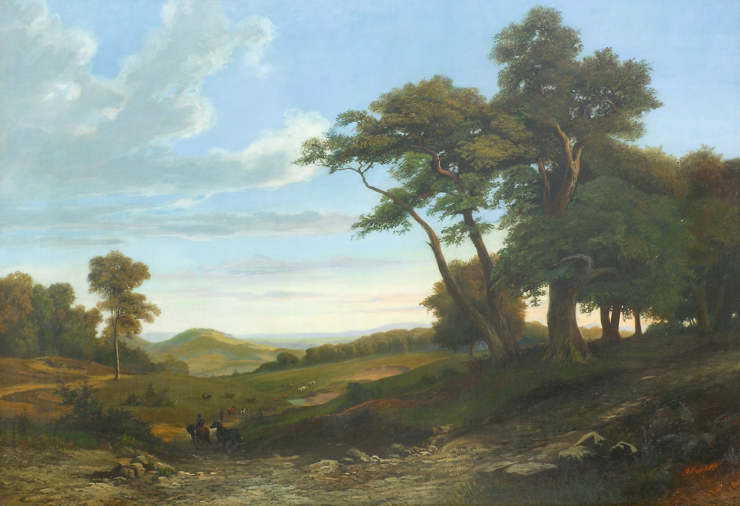 Auktionshaus Quentin Berlin  Gemälde Overbeck  Arnold  Weite Landschaft (Sabiner Berge ?) mit Rindern und Reiter bei Dämmerung.