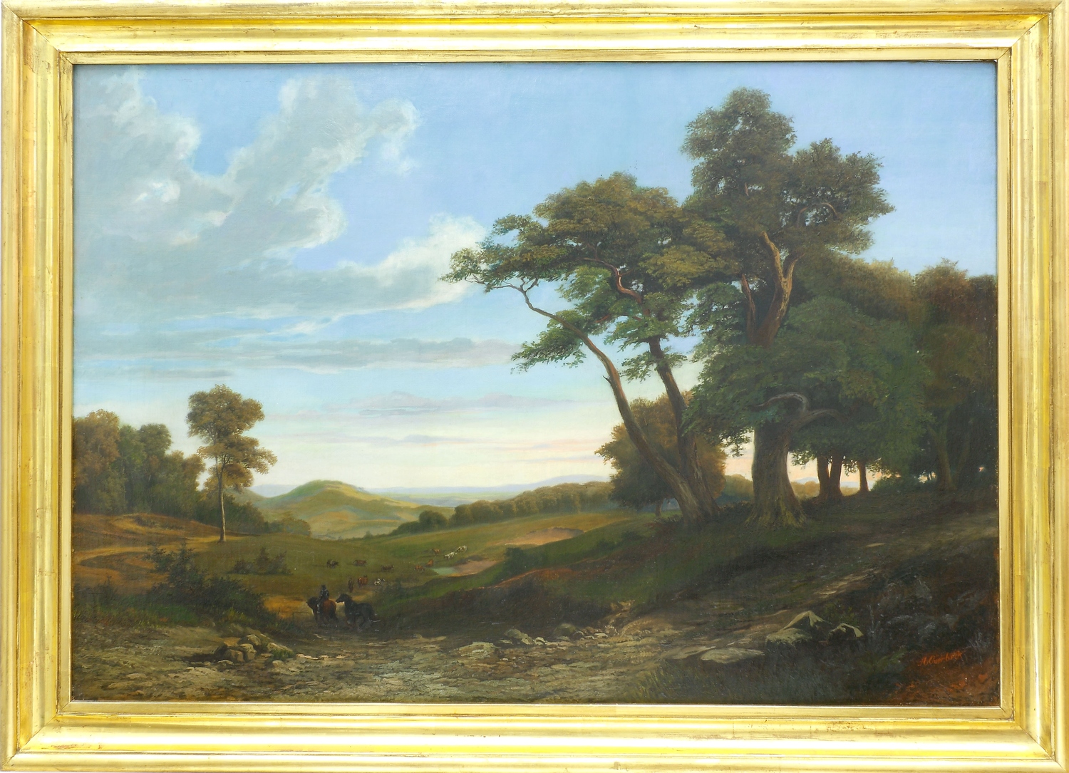 Auktionshaus Quentin Berlin  Gemälde Overbeck  Arnold  Weite Landschaft (Sabiner Berge ?) mit Rindern und Reiter bei Dämmerung.