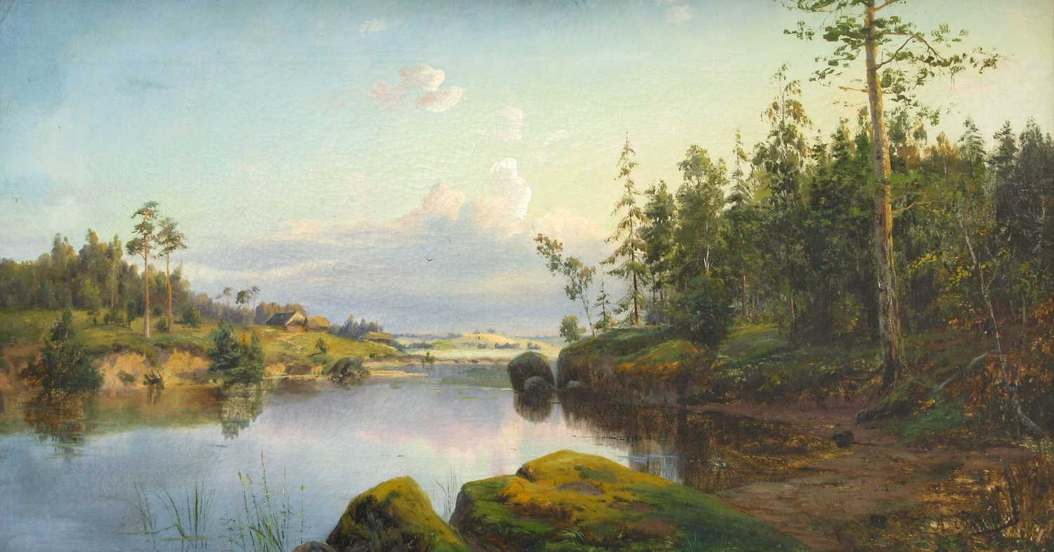 Auktionshaus Quentin Berlin  Gemälde Landschaftsmaler des 19. Jh.  wohl russisch  Weite Flusslandschaft