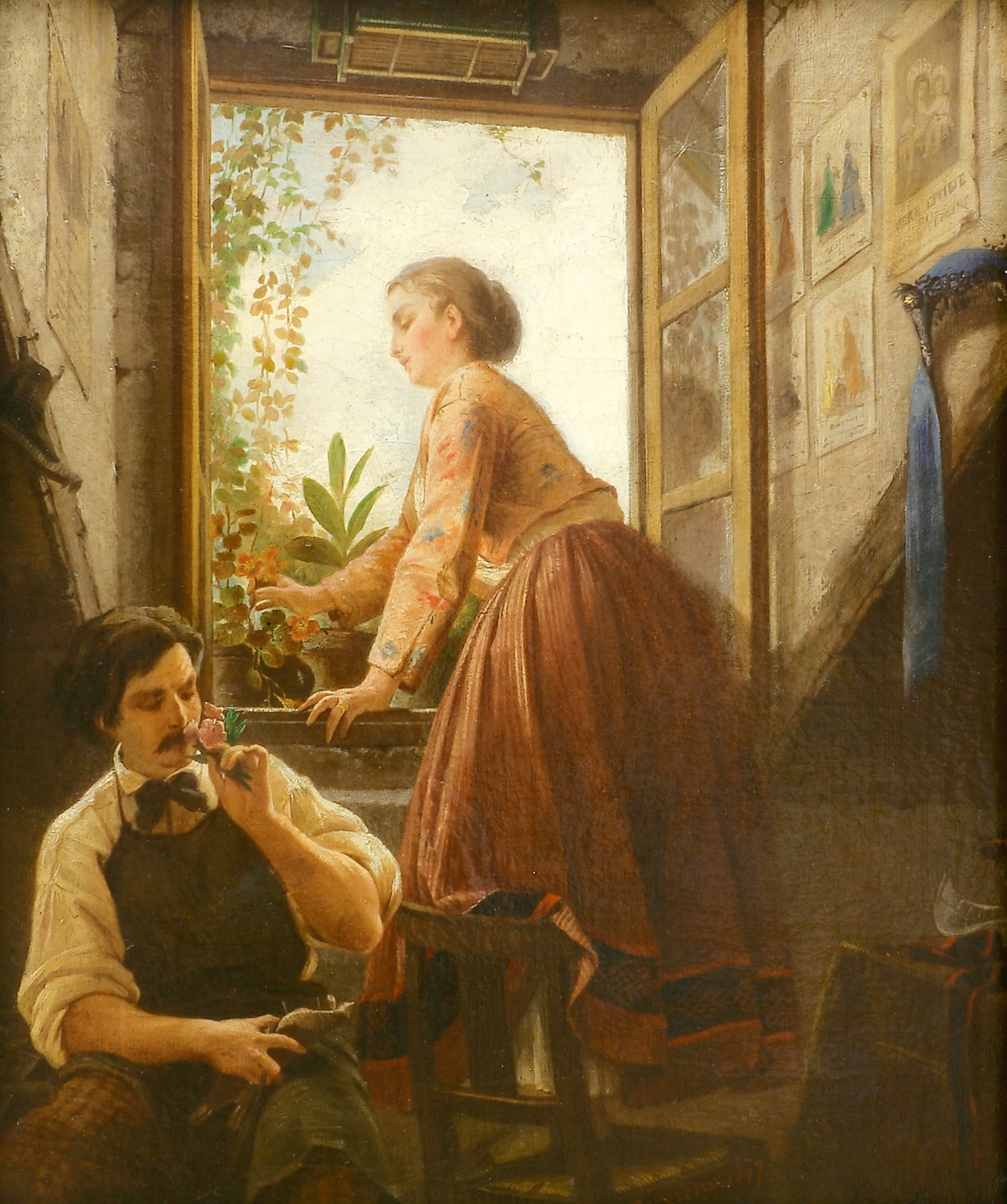 Auktionshaus Quentin Berlin  Gemälde Sereno  Costantino  Junges Paar in einem Zimmer am geÃ¶ffneten Fenster. Sie pflÃ¼ckt Blumen. 1867