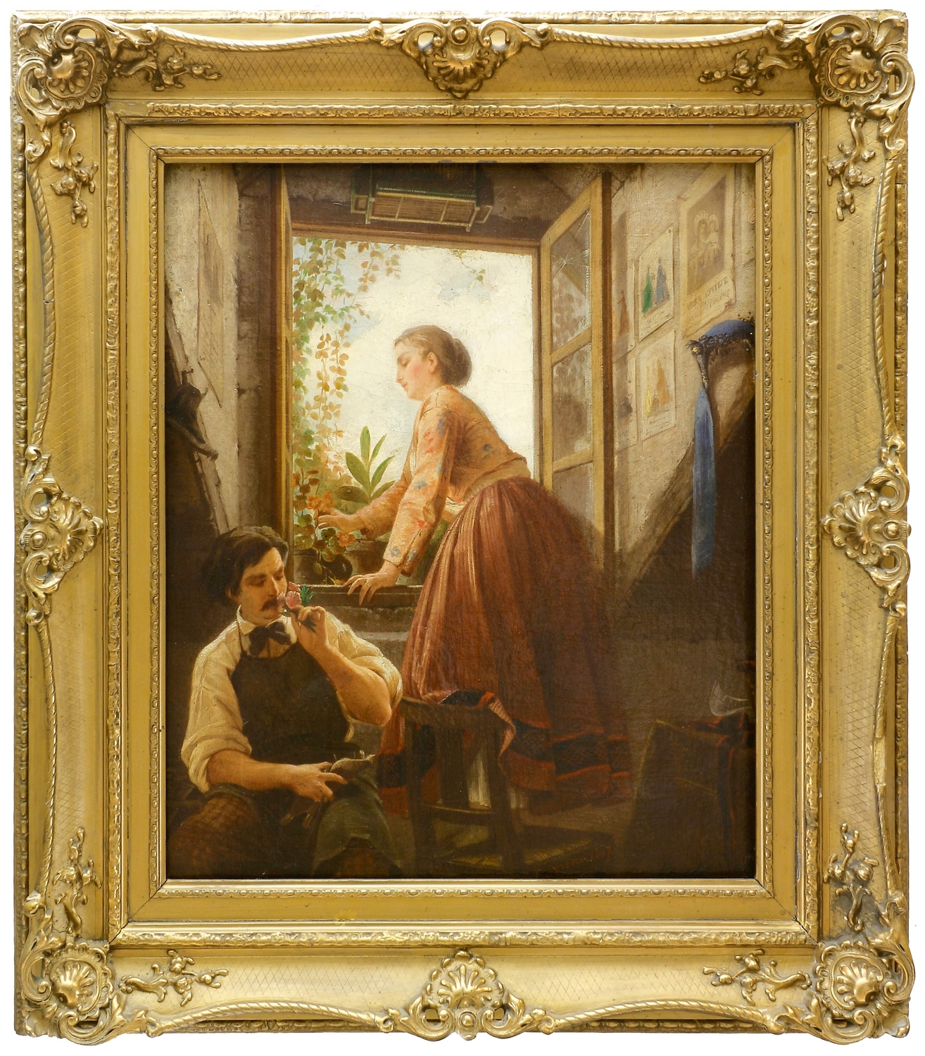 Auktionshaus Quentin Berlin  Gemälde Sereno  Costantino  Junges Paar in einem Zimmer am geÃ¶ffneten Fenster. Sie pflÃ¼ckt Blumen. 1867