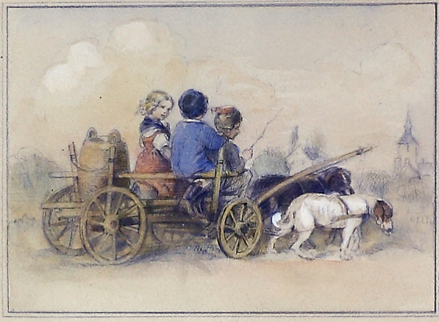 Auktionshaus Quentin Berlin  Zeichnungen Richter  Ludwig  Drei Kinder auf einem von Hunden gezogenenen Leiterwagen vor Dorfkulisse.