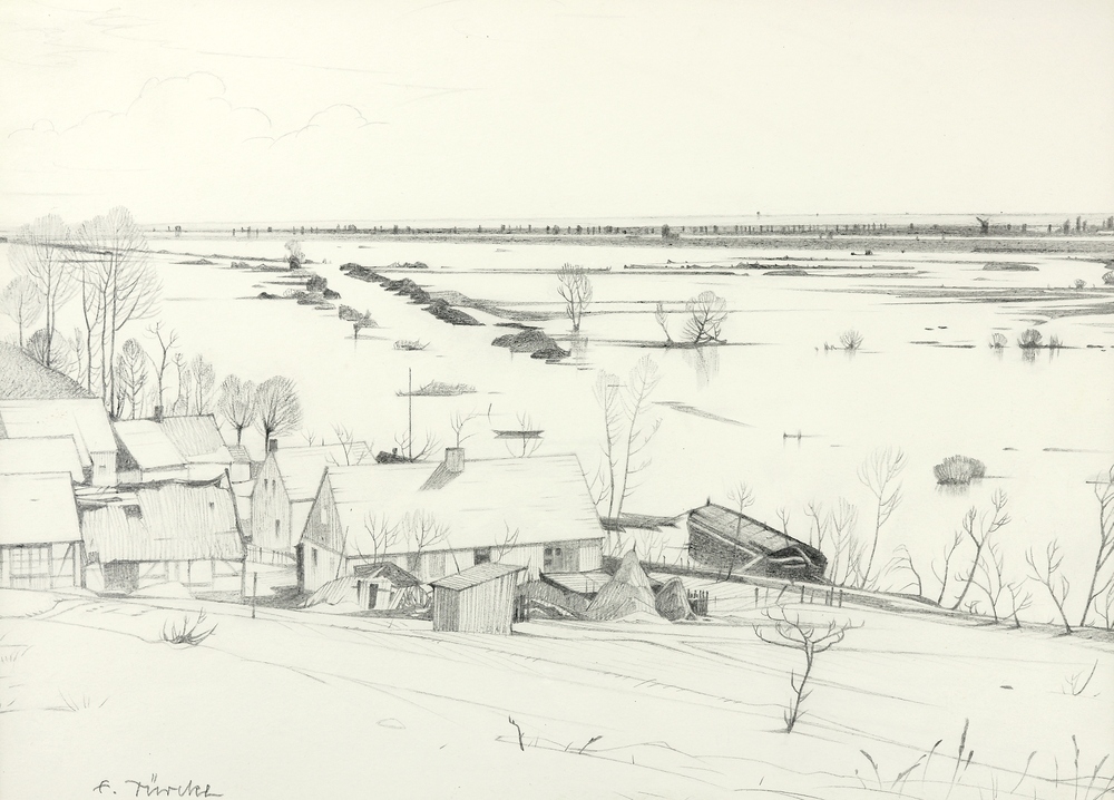 Auktionshaus Quentin Berlin  Zeichnungen Türcke  Franz Theodor  Oderhochwasser 1944 (Oderlandschaft III) + Pastell