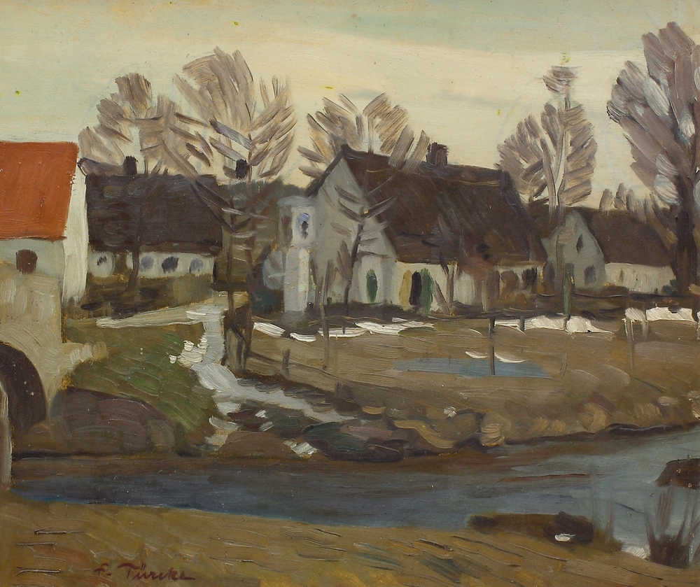 Auktionshaus Quentin Berlin  Gemälde TÃ¼rcke  Franz Theodor  HÃ¤user am Ziederbach 1907 GrÃ¼ssau/Schlesien.