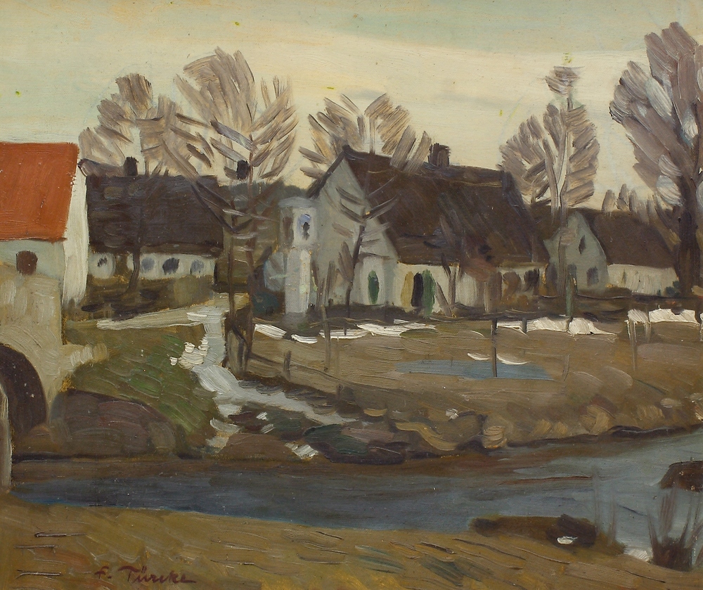 Auktionshaus Quentin Berlin  Gemälde Türcke  Franz Theodor  Häuser am Ziederbach 1907 Grüssau/Schlesien.