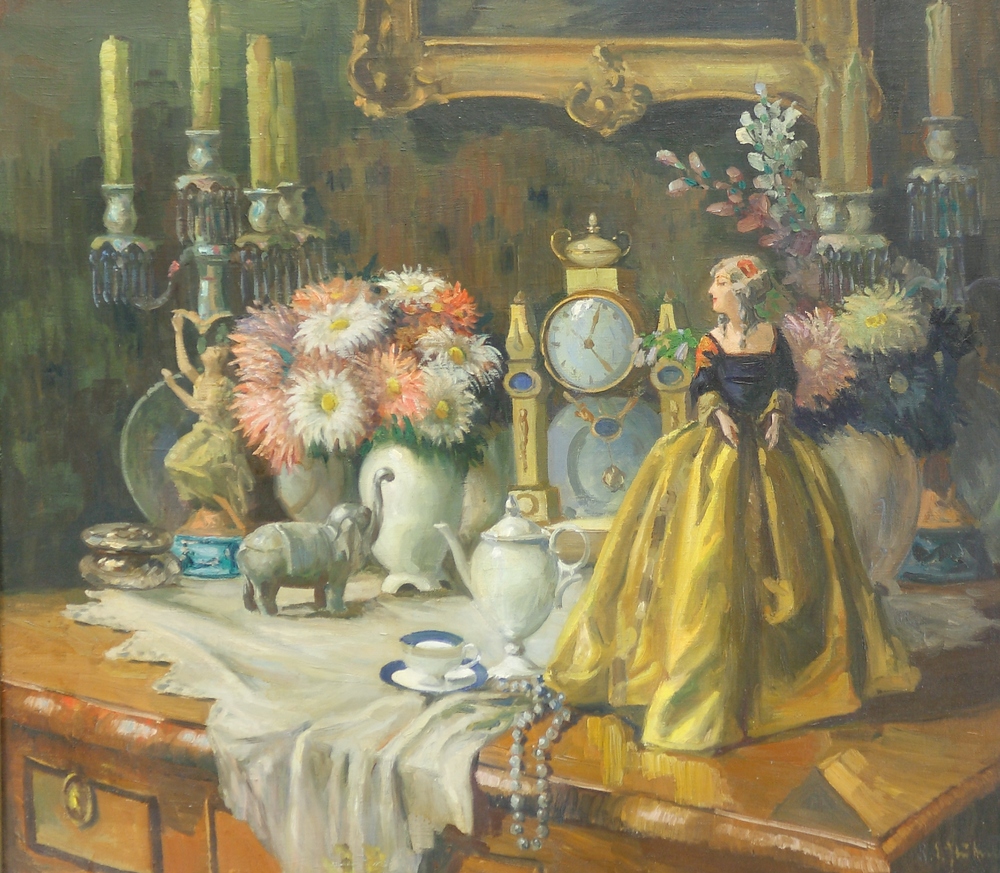 Auktionshaus Quentin Berlin  Gemälde Stübner  Robert Emil  Variastillleben mit Kommode  Girandolen  Blumen  Uhr  Porzellan  Figuren  Kette und anderem.