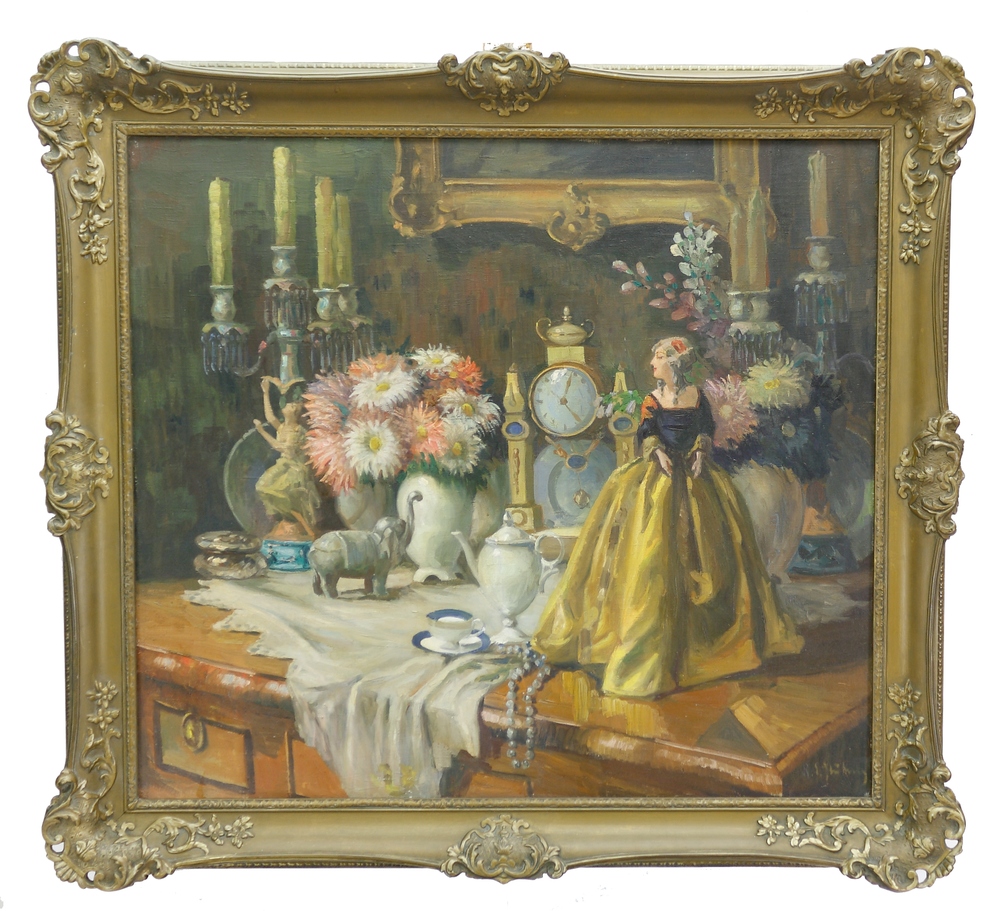 Auktionshaus Quentin Berlin  Gemälde StÃ¼bner  Robert Emil  Variastillleben mit Kommode  Girandolen  Blumen  Uhr  Porzellan  Figuren  Kette und anderem.