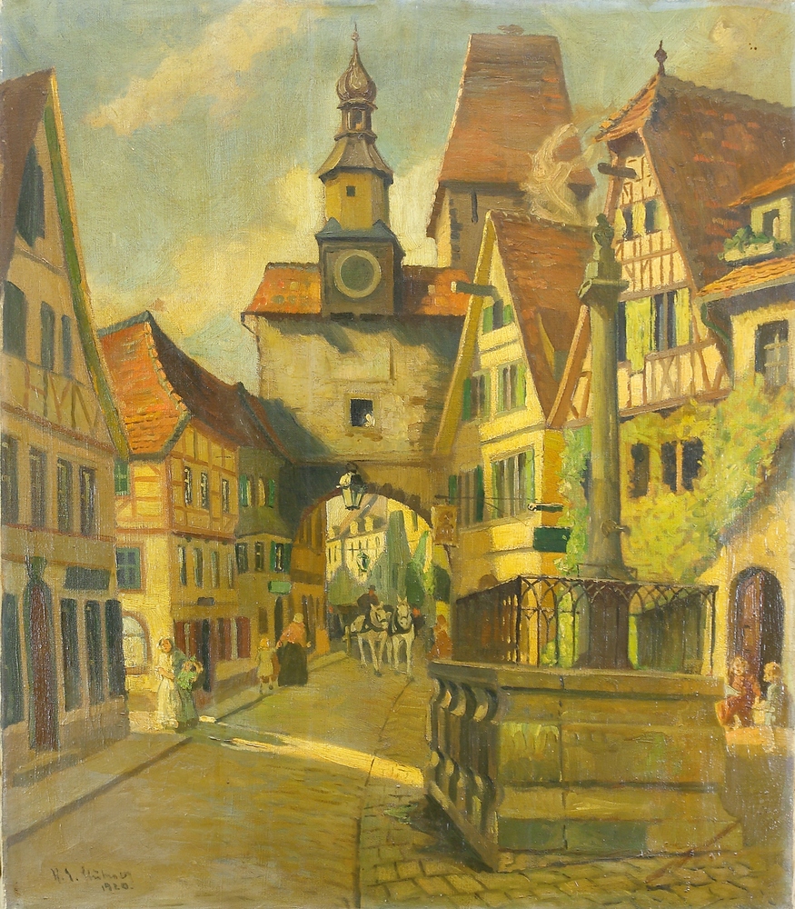 Auktionshaus Quentin Berlin  Gemälde StÃ¼bner  Robert Emil  Blick auf Rothenburg ob der Tauber mit dem RÃ¶derbogen. 1920
