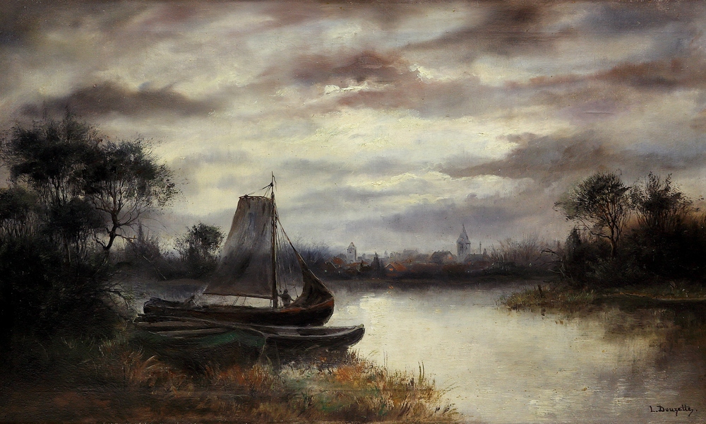 Auktionshaus Quentin Berlin  Gemälde Douzette  Louis  Flusslandschaft bei Mondschein  Booten und einer Ortschaft