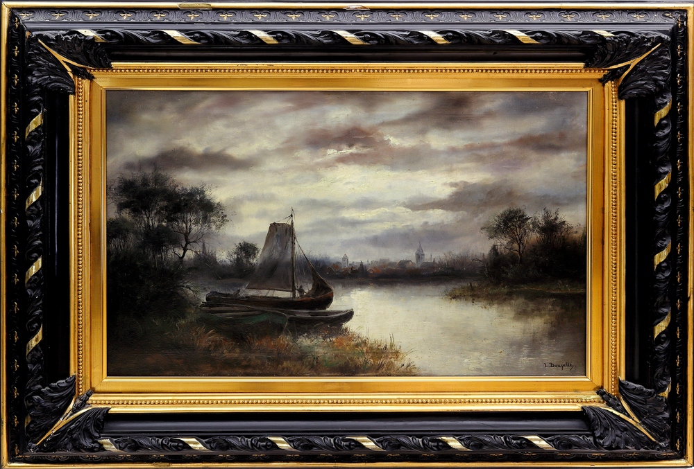 Auktionshaus Quentin Berlin  Gemälde Douzette  Louis  Flusslandschaft bei Mondschein  Booten und einer Ortschaft