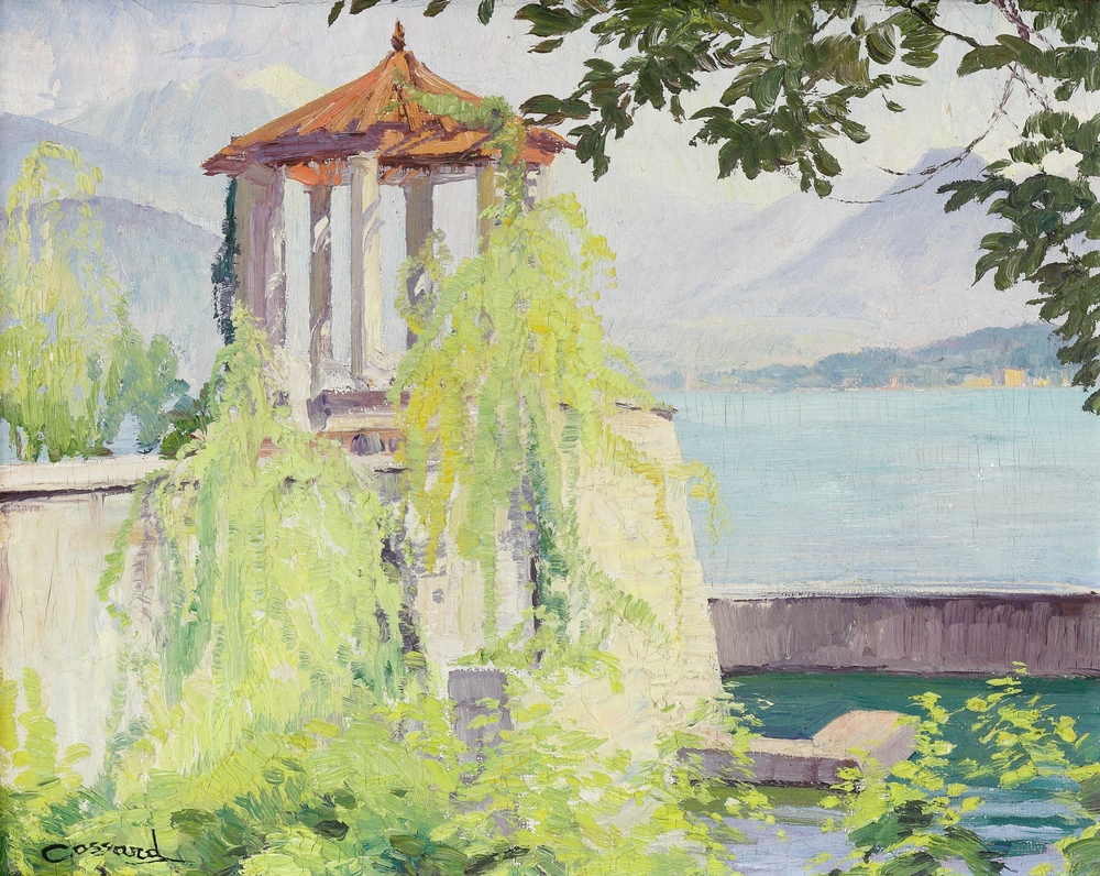 Auktionshaus Quentin Berlin  Gemälde Cossard  Adolphe  Uferlandschaft mit Aussichtsplattform