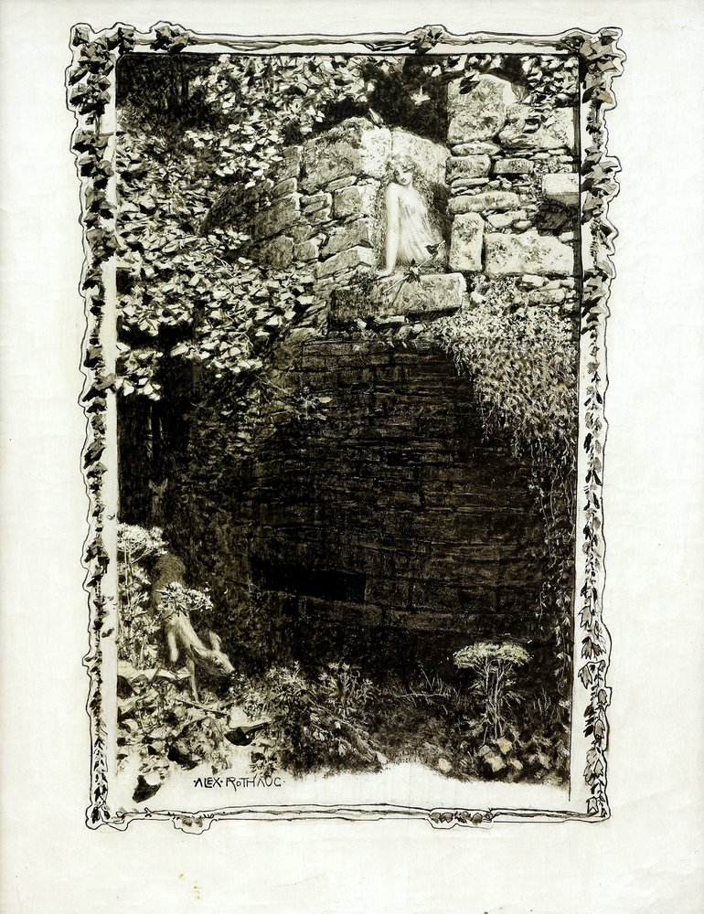 Auktionshaus Quentin Berlin  Gemälde Rothaug  Alexander  Bewachsene Steinmauer mit Nymphe und Rehkitz.