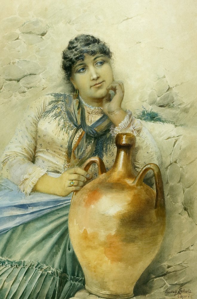 Auktionshaus Quentin Berlin  Zeichnungen Schulz  Rudolf  Sinnende Italienerin mit Krug an einer Steinmauer.