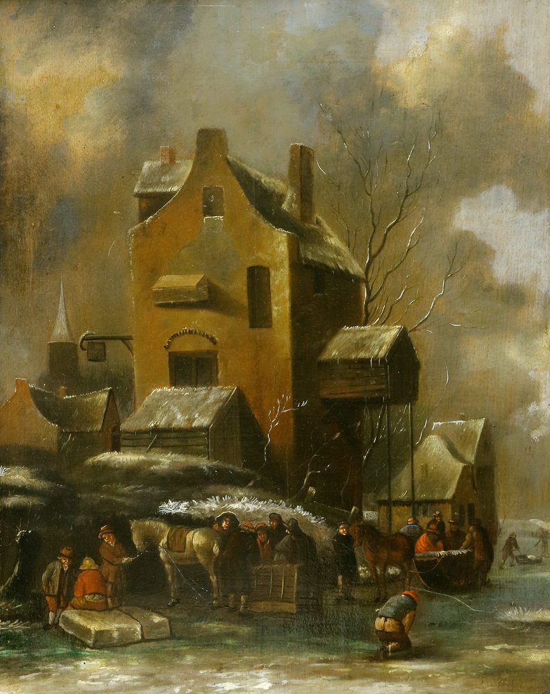 Auktionshaus Quentin Berlin  Gemälde Molenaer  Klaes  in der Art  Winterlandschaft mit Eisstechern und Gebäuden