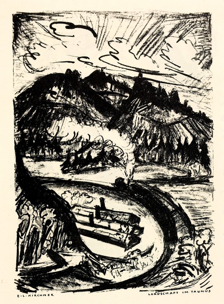 Auktionshaus Quentin Berlin  Künstlergrafik Kirchner  Ernst Ludwig  Landschaft im Taunus (Bahnkurve Taunus). 1916.