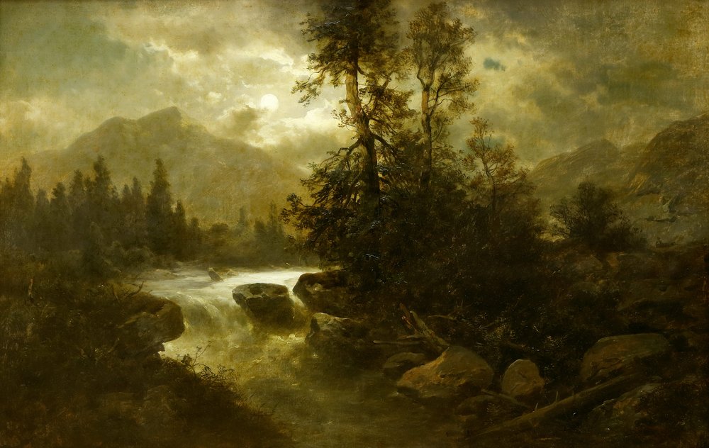 Auktionshaus Quentin Berlin  Gemälde Thoma  Josef  Romantische Landschaft bei Mondschein mit tosendem Gebirgsbach.