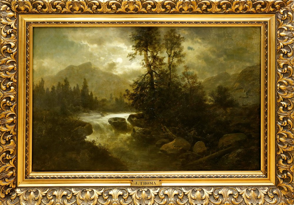 Auktionshaus Quentin Berlin  Gemälde Thoma  Josef  Romantische Landschaft bei Mondschein mit tosendem Gebirgsbach.
