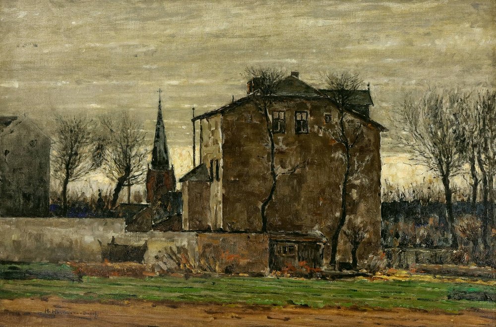 Auktionshaus Quentin Berlin  Gemälde Hartmann-Drewitz  Hermann  Berlin Zehlendorf mit dem Turm der Pauluskirche. Um 1912/13.