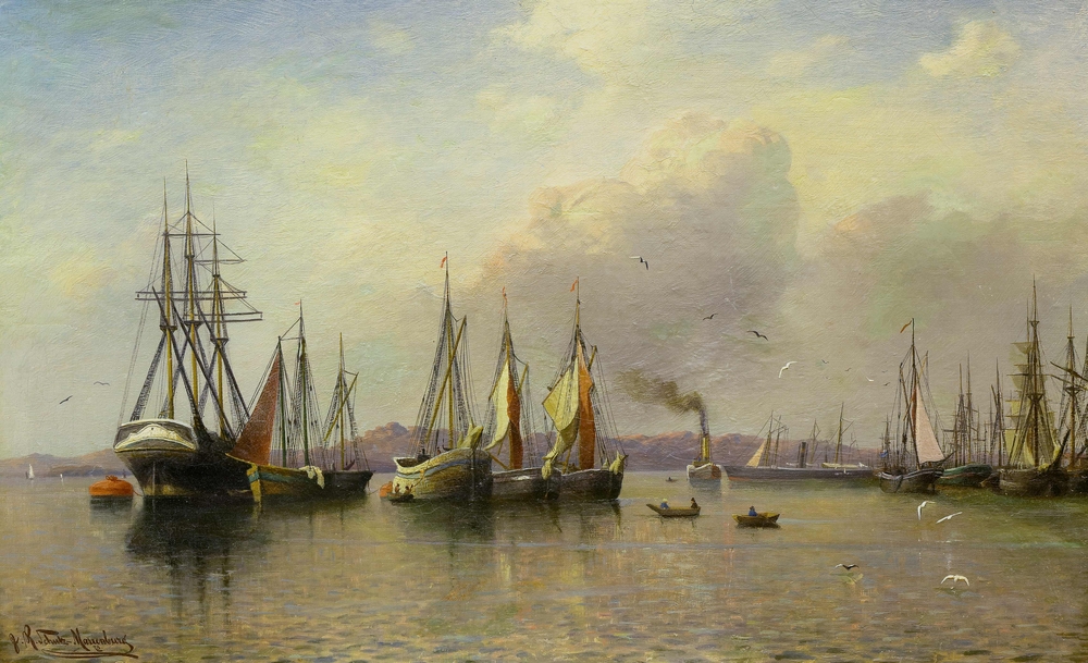 Auktionshaus Quentin Berlin  Gemälde Schulz-Marienburg  J. R. Zahlreiche Segelboote und Dampfboot auf Reede vor hügeliger Küste. (18)78