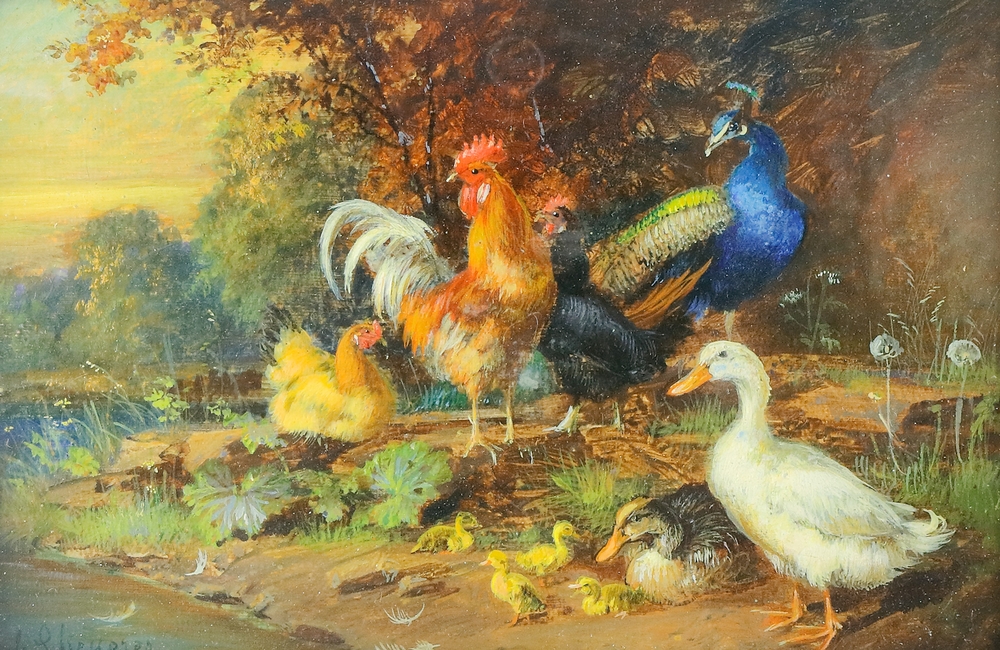 Auktionshaus Quentin Berlin  Gemälde Scheuerer  Julius  Enten  Hühner und Pfau am Ufer