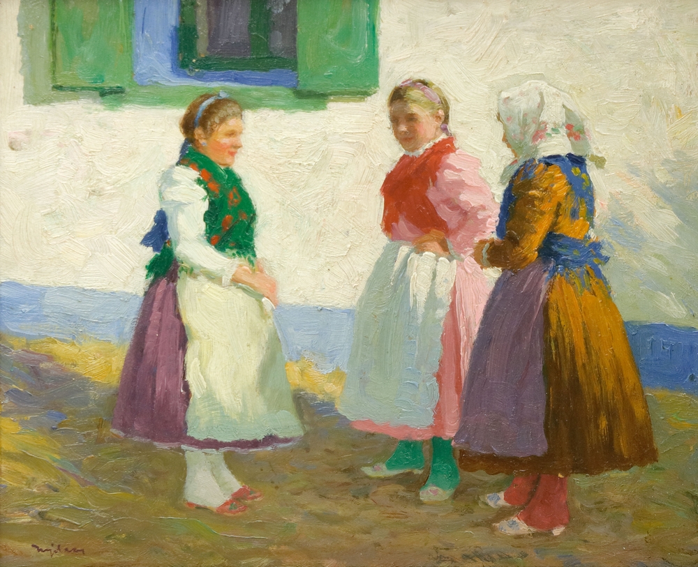 Auktionshaus Quentin Berlin  Gemälde Nyilasy  Sándor  Unterhaltung vor dem Haus.