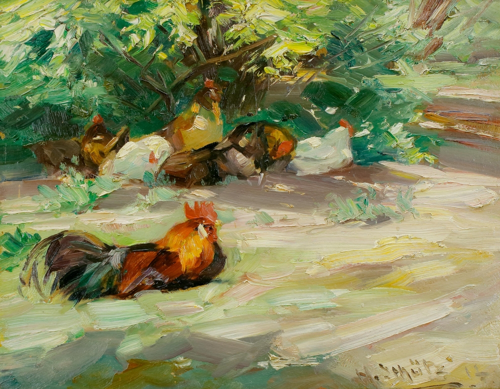Auktionshaus Quentin Berlin  Gemälde Schütz  Heinrich  Sommerlandschaft mit Hühnern. (19)17.
