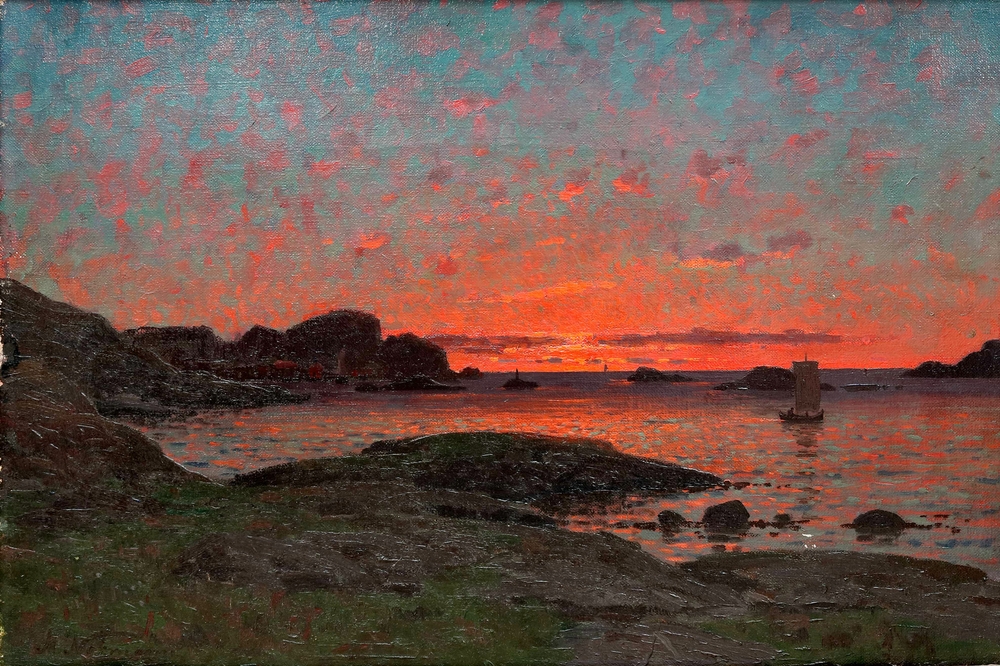 Auktionshaus Quentin Berlin  Gemälde Normann  Adelsteen  Uferlandschaft mit Mitternachtssonne im hohen Norden von Norwegen.