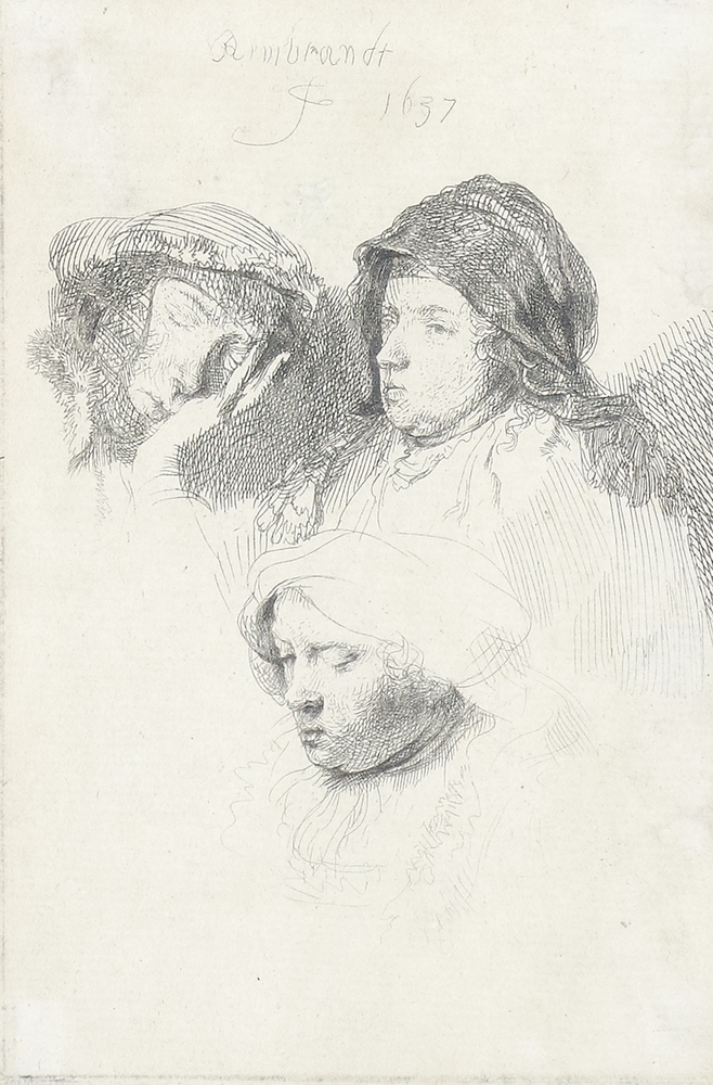 Auktionshaus Quentin Berlin  Künstlergrafik Rembrandt  Harmensz van Rijn  Drei Frauenköpfe  die eine schlafend (1637)