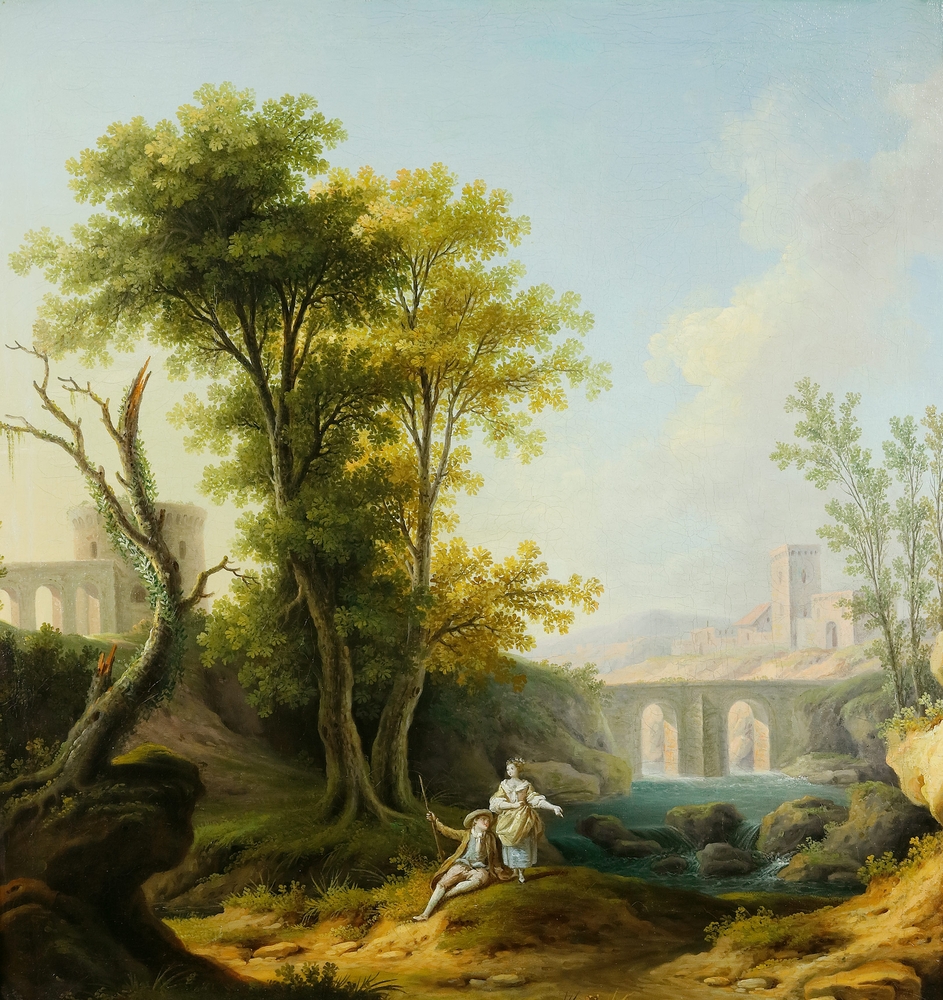 Auktionshaus Quentin Berlin  Gemälde Landschaftsmaler des 18. Jh.  Klassische Landschaft mit Fluss  Brücke  Ruine und einem Paar im Vordergrund.